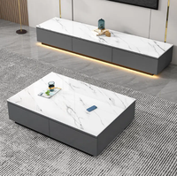 Ensemble Moderne de Meubles de Salon en Bois MDF : Meuble TV Intelligent Effet Marbre et Table Basse avec Tiroir