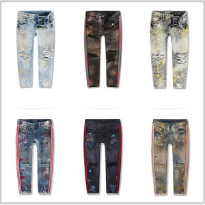 Vente en gros de jeans pour enfants à taille élastique, imprimés, avec rayures latérales, denim déchiré, coupe droite pour garçons - Product Image 5