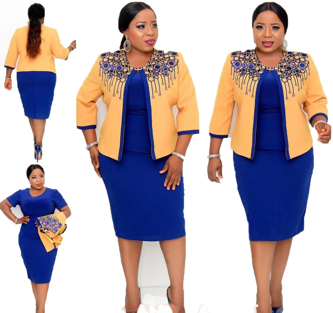 2XL-5XL Plus Size African Women Two Pieces Sets Floral Long Sleeve Jacket And Solid Color Midi Length Dress Fashion Office Sets