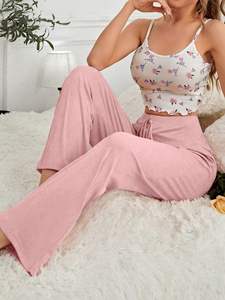 Ensemble haut et pantalon long à fleurs pour femmes, décontracté, confortable, sexy, adapté à la tenue à l'extérieur comme pyjama - Product Image 5
