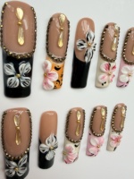 Ongles artificiels de luxe faits à la main, motif floral 3D, longs, carrés, décorés de strass, réutilisables, logo personnalisé, vente en gros