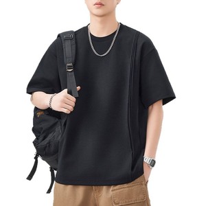 <span class=keywords><strong>Camiseta</strong></span> de algodón 100% de alto gramaje para <span class=keywords><strong>hombre</strong></span>, de manga corta, cuello redondo, corte holgado, color liso, plisada y anti-bolitas. - Product Image 5