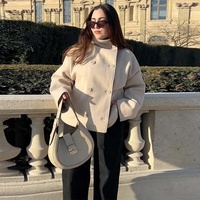 Veste Courte en Laine Croisée pour Femme, Col Montant, Blazer Élégant en Laine, Manteau Court pour Dames