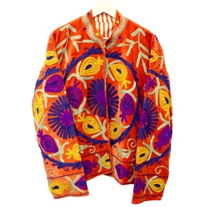 Orange Velvet Embroidered Bohemian <b>Coat</b> Mandarin Collar Three Quarter Sleeve Handcrafted Floral Pattern Autumn Wear Reversible - Product Image 1