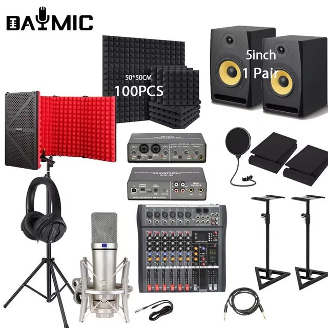 Pro Studio Wireless Dynamic Microphone Recording Monitors Speaker Headphone Sound Card Home Music Singing Broadcast Equipment