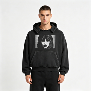 Vente chaude : Sweat à capuche noir vintage délavé et vieilli, coupe courte, imprimé portrait, style streetwear – Fabricant - Product Image 3