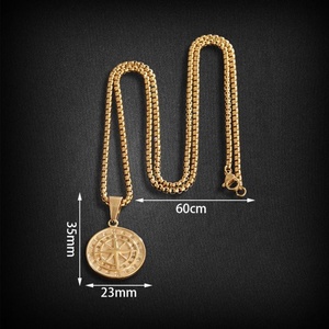 Collier Pendentif Boussole Rond en Acier Inoxydable pour Homme, Style Hip Hop Vintage avec Étoile et Pièce de Monnaie - Product Image 6
