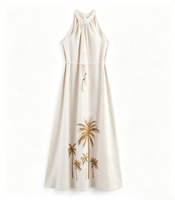 Robe midi à col halter imprimé cocotier pour femme, sans manches, avec ceinture à pompons, robe de plage bohème pour les vacances d'été, logo personnalisé