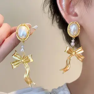 Zooying Luxury Court Style Princess Style Gold Large Pearl Bowknot Pendant Party Ornaments Wedding Gold Filled Earrings
