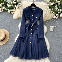 Robe élégante pour femmes, bleu foncé, style A, décontractée, col en V, manches longues, ceinture, patchwork en maille, boutonnée, robe de soirée