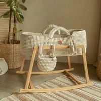 Nouveau-né Crochet Coton Corde Mose Bassinet Bébé Panier À Langer Avec Couvercle Amovible Et Coussin En Mousse Épaisse