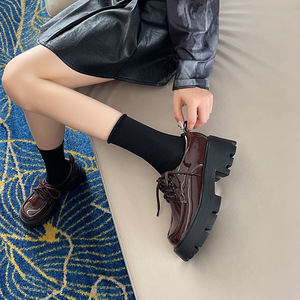 139-8British Style Genuine Leather Shiny Brown Shoes Women Spring Chunky Sole Wide Fit Big Size Height Increasing Casual Loafers - Product Image 3