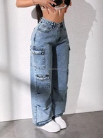 Jeans amples à jambes larges pour femmes, jeans en coton extensible, jeans de travail multi-poches pour femmes