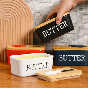 Ceramic Butter Dish With Bamboo Lid And Knife For Countertop Double Silicone Seal White Small Perfect Butter Keeper