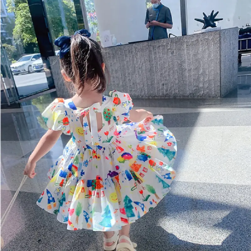 Girl Princess Dresses Factory Hot Sale Girls' Cute Cartoon Graffiti Dress New Western Style Fashion Princess Dress