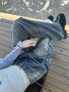 <span class=keywords><strong>Pantalones</strong></span> Vaqueros Anchos Unisex de Estilo Recto Casual de Verano con Diseño Bordado Vintage Desgastado, Cremallera y Cintura Media - Product Image 2