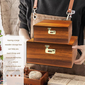 Caja de almacenamiento de madera de acacia hecha a mano de alta calidad al por mayor de fábrica directa con llave de bloqueo dorado Tamaños OEM Cajas y contenedores de almacenamiento de China - Product Image 1