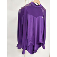 Body de Danza Latina para Mujer, Color Morado, Cuello Alto, Manga Larga de Malla, Manga Abullonada Transparente, Leotardo para Práctica de Baile de Salón