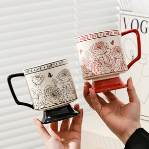 Vintage Rose Pattern Ceramic <b>Mug</b> <b>Large</b> Capacity Drinking Cup with Footed Base for Home Office Gift - Product Image 1