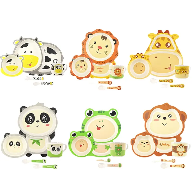 Großhandel 5 Stück Bambus faser Kind Öko Saug platten Geschirr Tier Cartoon Melamin Bambus Kinder Geschirr Set