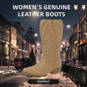 Botas Vaqueras de Media Pantorrilla para Mujer, de Cuero Genuino, con Cordones, Punta Redonda, Tacón Grueso, Bordadas, Estilo Desierto - Product Image 2