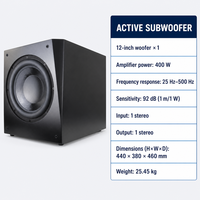 Subwoofer actif 400W, woofer 12 pouces, sensibilité 92dB, 25Hz-500Hz, entrée/sortie stéréo, système audio professionnel pour basses