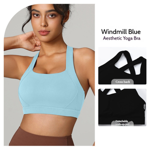 Haut de yoga pour femme, sans coutures, couleurs unies, bretelles croisées, coupe courte, séchage rapide, respirant, soutien-gorge de sport - Product Image 3