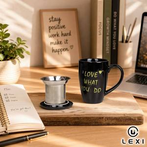 Taza de Té de Porcelana Negra con Infusor, Frase Inspiradora 'Love What <span class=keywords><strong>You</strong></span> Do' en Amarillo, Taza de Café de Cerámica <span class=keywords><strong>LEXI</strong></span> para Hogar, Oficina, Cafetería - Product Image 1