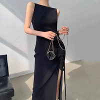 Nouvelle Collection Printemps : Robe Gilet Mi-Longue Tricotée Unie, Style Élégant et Haut de Gamme pour Femme, avec Cordon de Serrage et Fente, Tendance