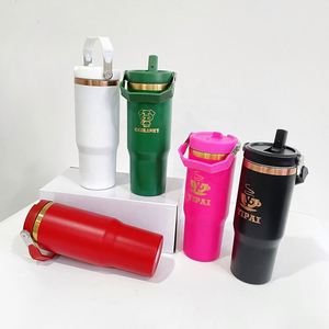 Gobelet isotherme à paille rabattable de 30 oz, couleurs mélangées or, pour gravure laser - Product Image 2