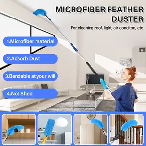 Duster Kit With 5-12 Foot Telescopic Extension Pole Window Squeegee Cobweb Microfiber Feather Ceiling Fan Dusters