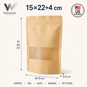 Bolsa de Papel Kraft con Ventana y Cierre Hermético, Apta para Alimentos, 15*22*4cm, 6*8.7*1.6in, para Envasar Té, Café, Nueces, Snacks, Producto en Stock en EE. UU. - Product Image 1