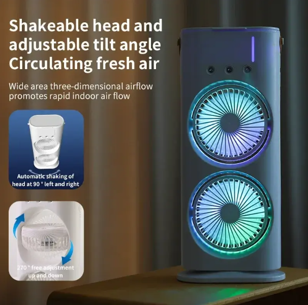 Rechargeable Dual Head Water Mist Air Cooling Fan with LED Light & 600ml Water Tank thumbnail