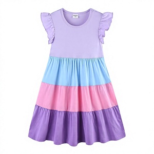 Abiti da ragazza Bumeex in cotone con maniche a volant, gonna a balze, linea ad A, grazioso vestito estivo midi casual con stampa a blocchi di colore - Product Image 1