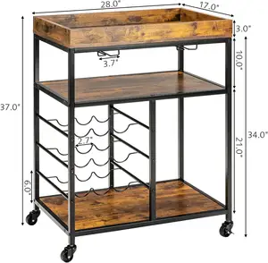 Mobile Bar Serving Industrial Rolling Island Cart, Wood Home Utility Cart, Kitchen Trolley Stand with Glasses Holder 9