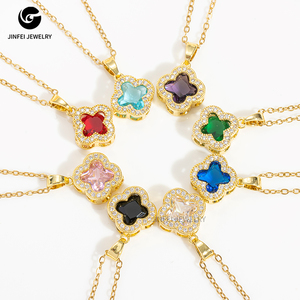Mặt dây chuyền cỏ bốn lá với đá quý nhiều màu sắc, dây chuyền có thể điều chỉnh, bán buôn, trang sức bùa may mắn - Product Image 1