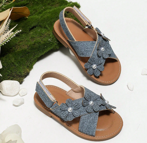 Sandales pour filles, mode, fleurs, princesse, boucle arrière, bande magique, sandales plates en denim pour filles - Product Image 5