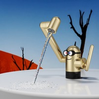Keran Wastafel Keramik Tembaga Penuh Bergaya Dopamin Bertema Minion, Tuas Tunggal, Air Panas dan Dingin, Model Lengan Robot untuk Kamar Mandi