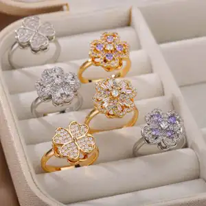 Grosir cincin Zircon Spinner Multi gaya empat daun semanggi cincin Fidget berputar cincin bunga untuk wanita