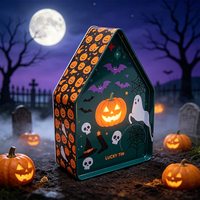 Boîte artisanale fantaisie en fer blanc de qualité alimentaire en forme de maison LUCKY TIN, imprimée offset avec pelliculage brillant pour Halloween et Noël