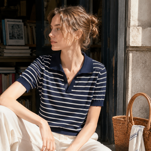 Women's Striped Knit Polo Shirt Short Sleeve Turn-<b>down</b> Collar 100% Cotton Summer Nautical Style Soft Regular Fit - Product Image 2