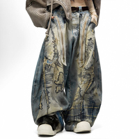 Jeans MZN 2025 personnalisés avec logo brodé, effet vieilli, taille haute, coupe droite évasée, fermeture boutonnée, style Hip Hop, imperméables