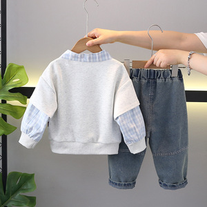 2025 garçons mignon <span class=keywords><strong>double</strong></span> manches chiot <span class=keywords><strong>sweat</strong></span> et vêtements de printemps deux pièces à la mode pour bébés nouvel ensemble décontracté pour les enfants en automne - Product Image 4