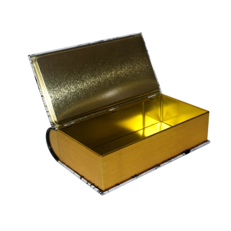 Personalizado forma de libro de metal estaño caja de embalaje de estaño libro para bolsas de té