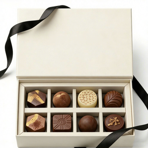 Boîte à chocolat rigide élégante en ivoire avec ruban, plateau de 8 pièces, emballage en carton haut de gamme pour aliments - Product Image 1