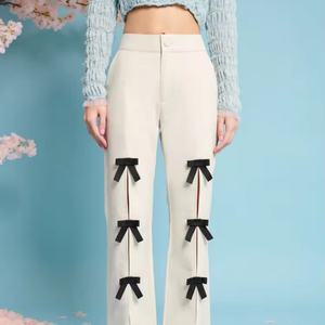 S&L Custom Logo High Waisted <b>Trousers</b> With Bow Trims/ Fashion Women Front Splits <b>Trousers</b> With Ribbon Decoration - Product Image 1