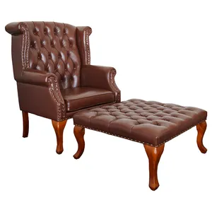 American Retro Leather Chesterfield Lounge Tufted High Back Sofa Chair Wing Armchair with Ottoman Set for Living Room