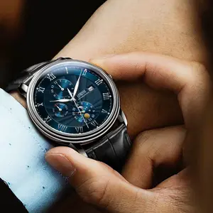 High-End Blue Armbanduhr Edelstahl Leder Luxus Herren uhr mechanische Uhren lobinni