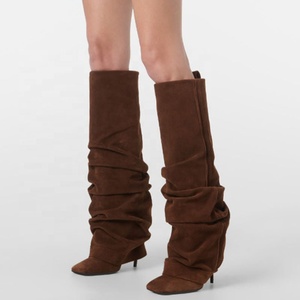 Botas de mujer con parte superior plisada, pantalón largo, tacones altos y delgados, punta cuadrada, diseño superpuesto, estilo vestir, botines de tacón de aguja hasta la rodilla - Product Image 3