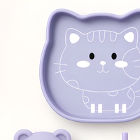 Ensemble d'alimentation pour bébé en silicone violet en forme de chat : assiette à ventouse, bavoir, tasse à paille et anneau de dentition